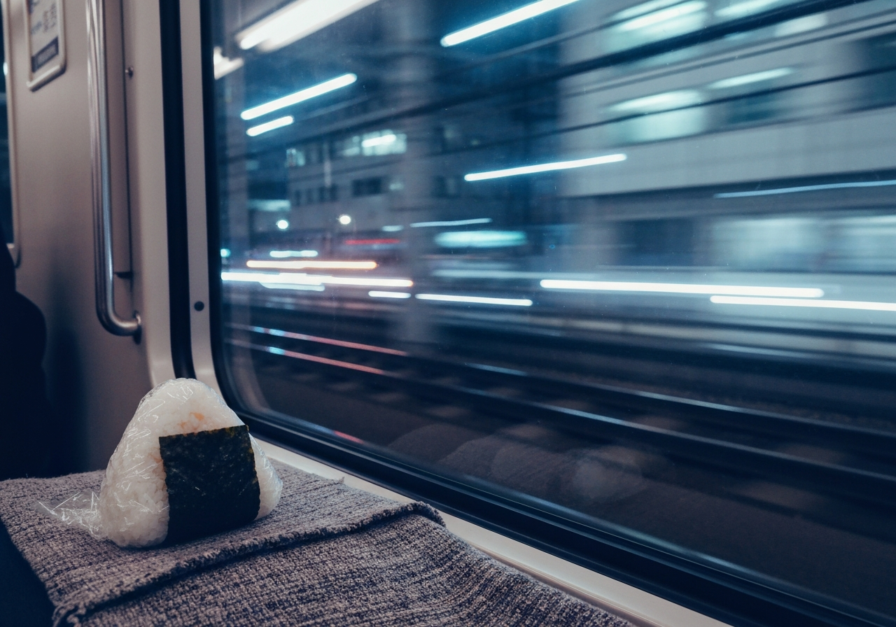 A slightly blurry, low-light shot taken from inside a train window at night, showing the blurred streaks of city lights outside, with a small, carefully wrapped onigiri resting on a worn, textured fabric in the foreground. The mood is quiet and transitional, like a smartphone photo taken on a journey