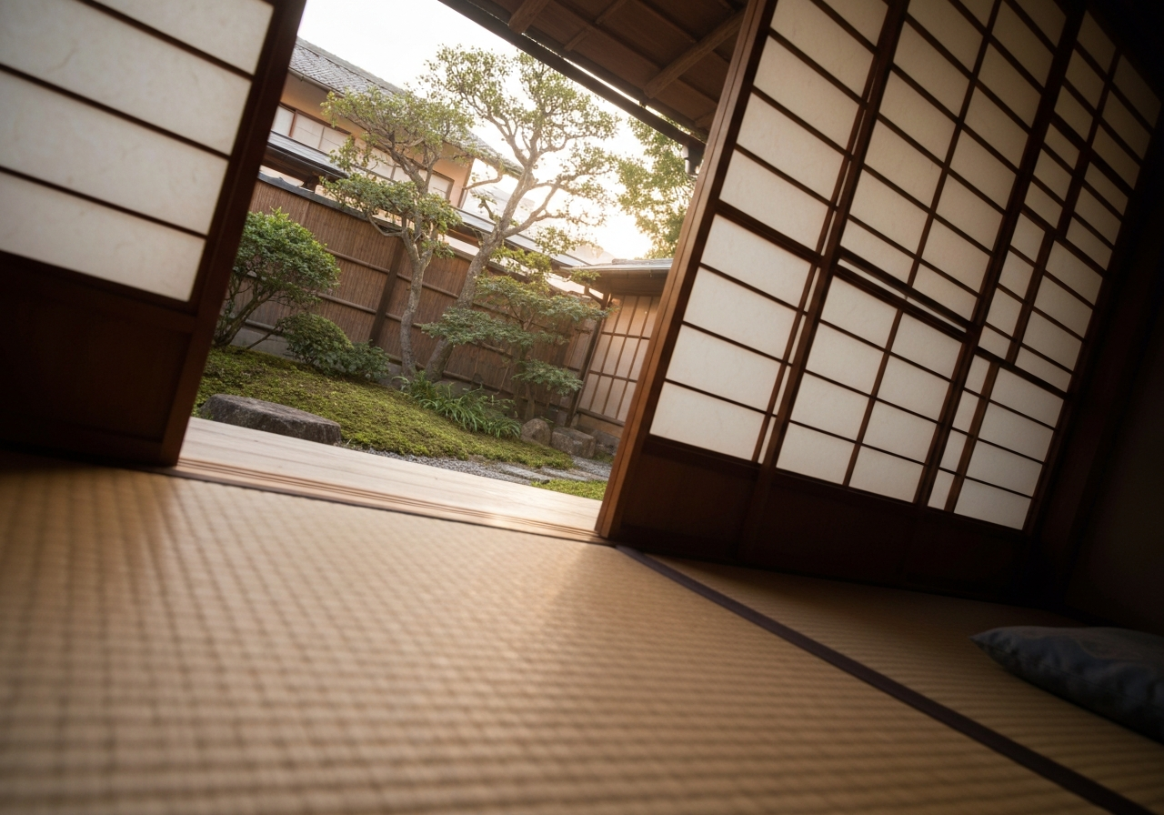 A low-angle, slightly tilted shot looking out from a ryokan's paper screen window. The view shows a small, meticulously kept Japanese garden bathed in the soft, warm light of early dawn. The foreground is dominated by the textured paper of the screen and a glimpse of a tatami mat. The overall feel is intimate and unposed, like a quick snapshot captured before leaving