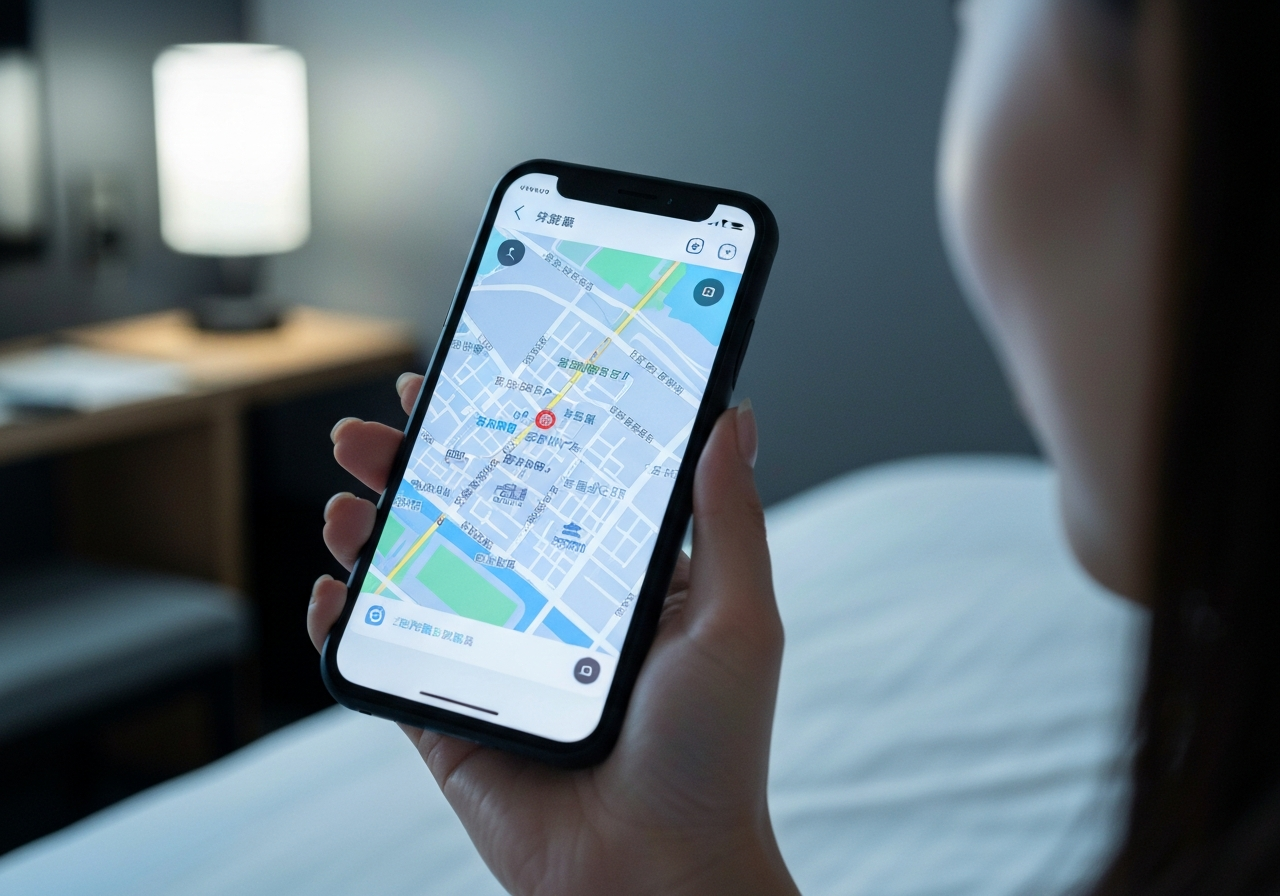 A close-up, handheld shot of a person's hand holding a smartphone, the screen displaying a map of Nara. In the background, out of focus, are the muted colors of a business hotel room. The image conveys a sense of planning and anticipation in a new, quiet place, with the imperfections of a quick smartphone capture