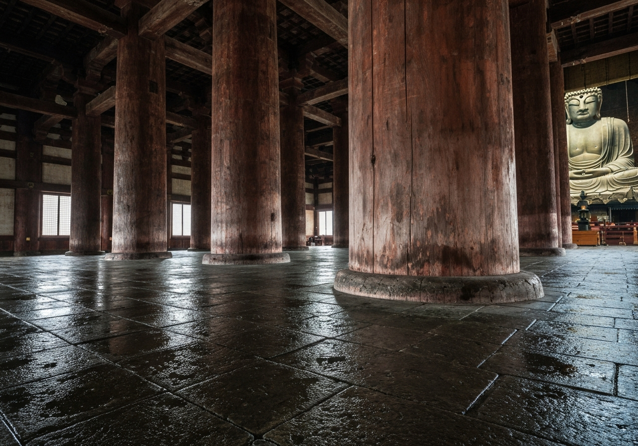 A spontaneous smartphone snapshot taken from inside a large, dimly lit temple hall (like Todai-ji). The focus is on a section of the massive, aged wooden pillars and the worn floor, with a hint of the immense Buddha statue visible in the far distance. Water droplets are visible on the stone floor, and the overall impression is of a damp, quiet, awe-inspiring space