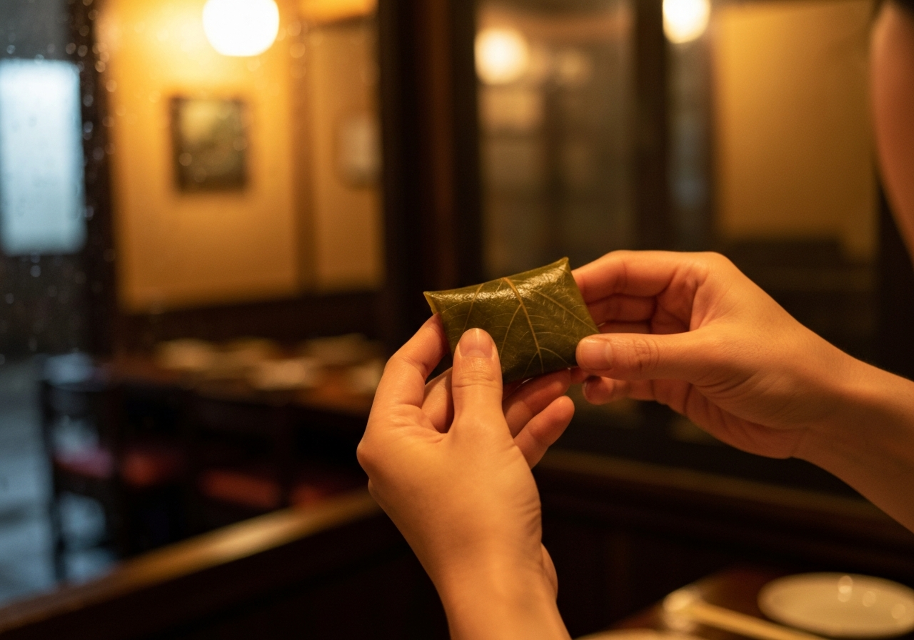 A close-up, slightly off-center smartphone shot of a person's hands holding a small, imperfectly wrapped piece of kakinoha-zushi (persimmon leaf sushi). The background is a blurred suggestion of a cozy, dimly lit restaurant interior, with a hint of rain visible through a window