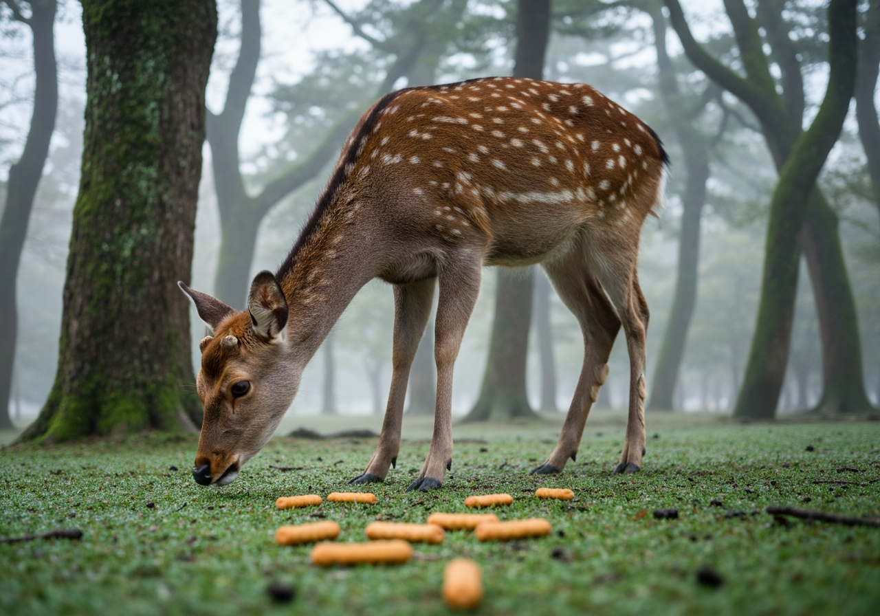 A candid, slightly blurry smartphone photo of a wild deer in Nara Park, with a few scattered deer crackers on the wet ground. The background shows the soft focus impression of ancient trees shrouded in mist. The lighting is muted, indicating early morning or overcast conditions. Shot from a low angle, capturing the deer's gaze