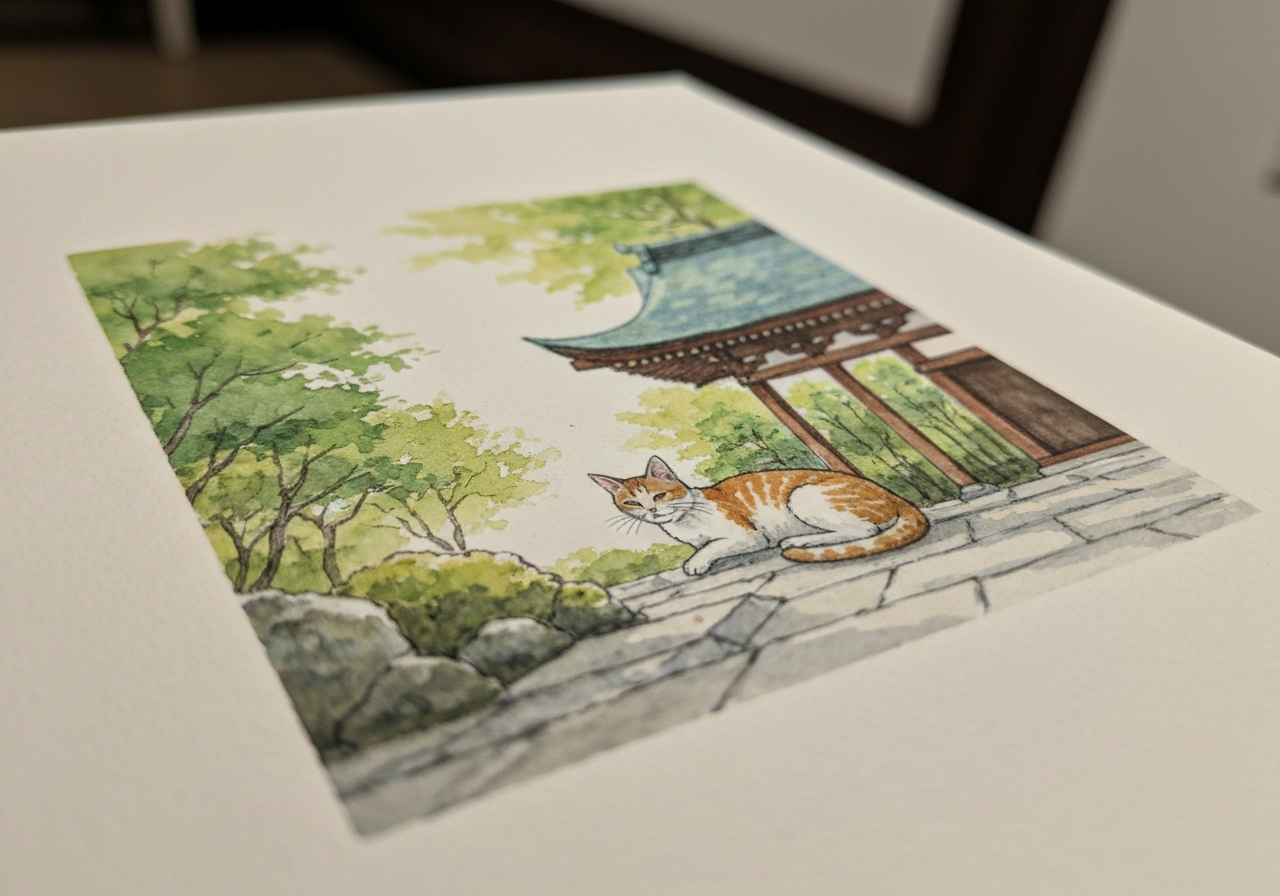 A close-up, slightly angled shot taken with a smartphone of a delicate watercolor painting of a cat resting in a sun-drenched temple garden, with a hint of traditional Japanese architecture in the background. The lighting is natural and soft, capturing the texture of the paper and paint. Shot from a low angle, as if peeking into a gallery