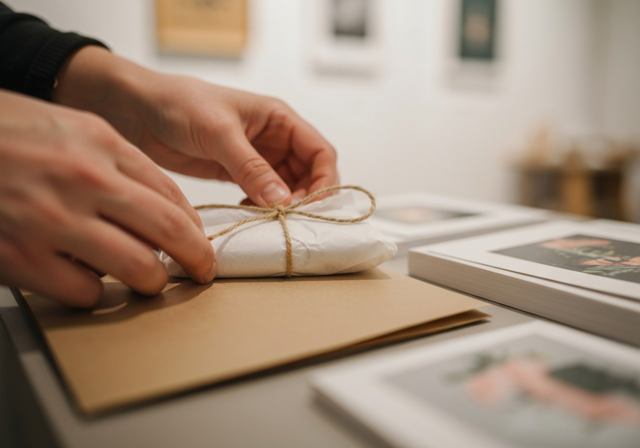 A close-up, slightly out-of-focus shot of hands carefully wrapping small art prints in tissue paper and then brown paper, tied with string. The focus is on the texture of the materials and the deliberate, unhurried action, conveying a sense of meticulous care. The background is softly blurred, hinting at a small gallery or shop. Shot on a modern smartphone
