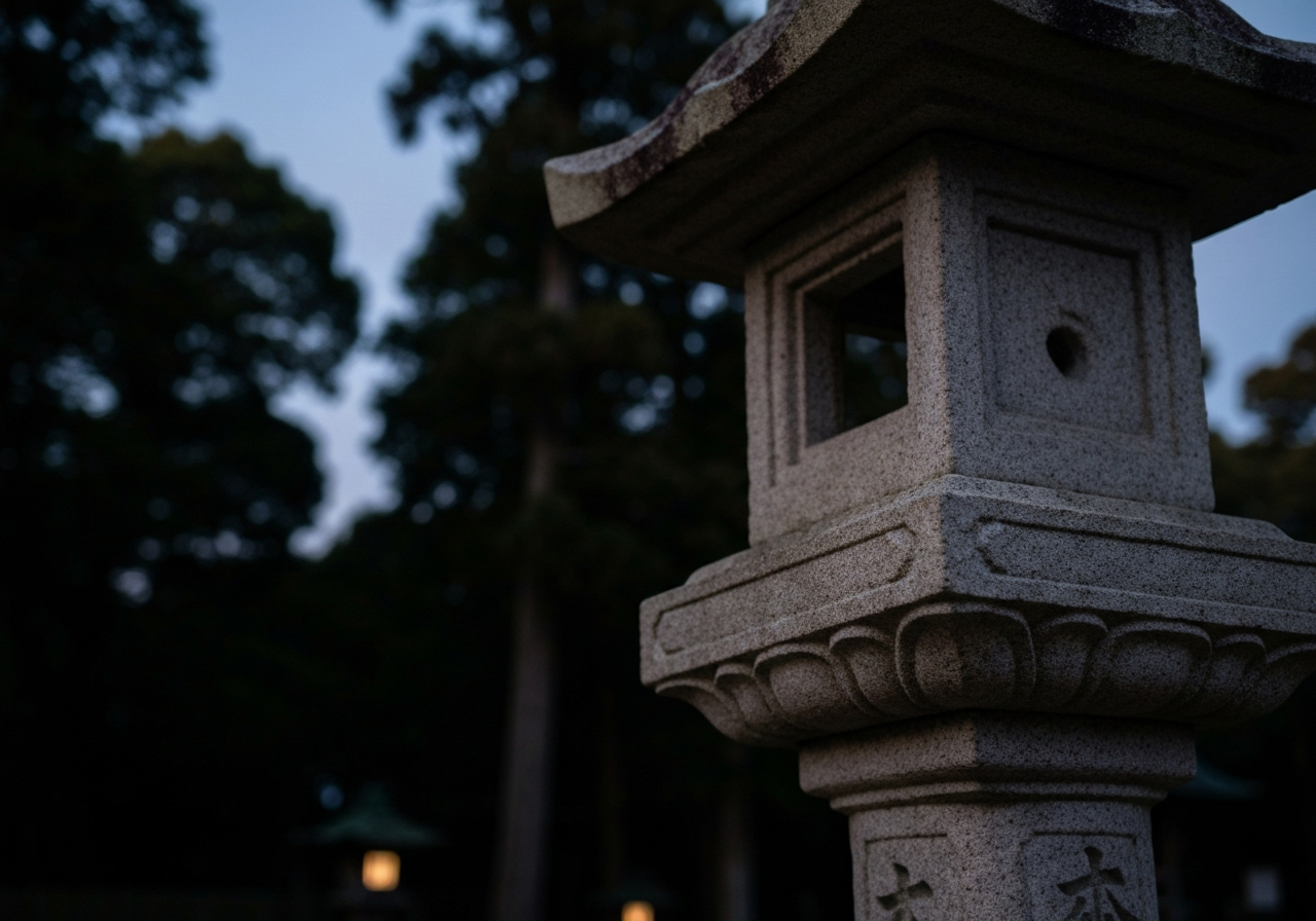 A close-up, slightly off-center smartphone photo of a traditional Japanese stone lantern at a shrine. The lantern is weathered and has a unique, imperfect texture. The background is a soft blur of dark green forest and a hint of the sky turning from deep blue to a soft grey. The focus is on the texture and subtle details of the lantern, conveying a sense of age and place