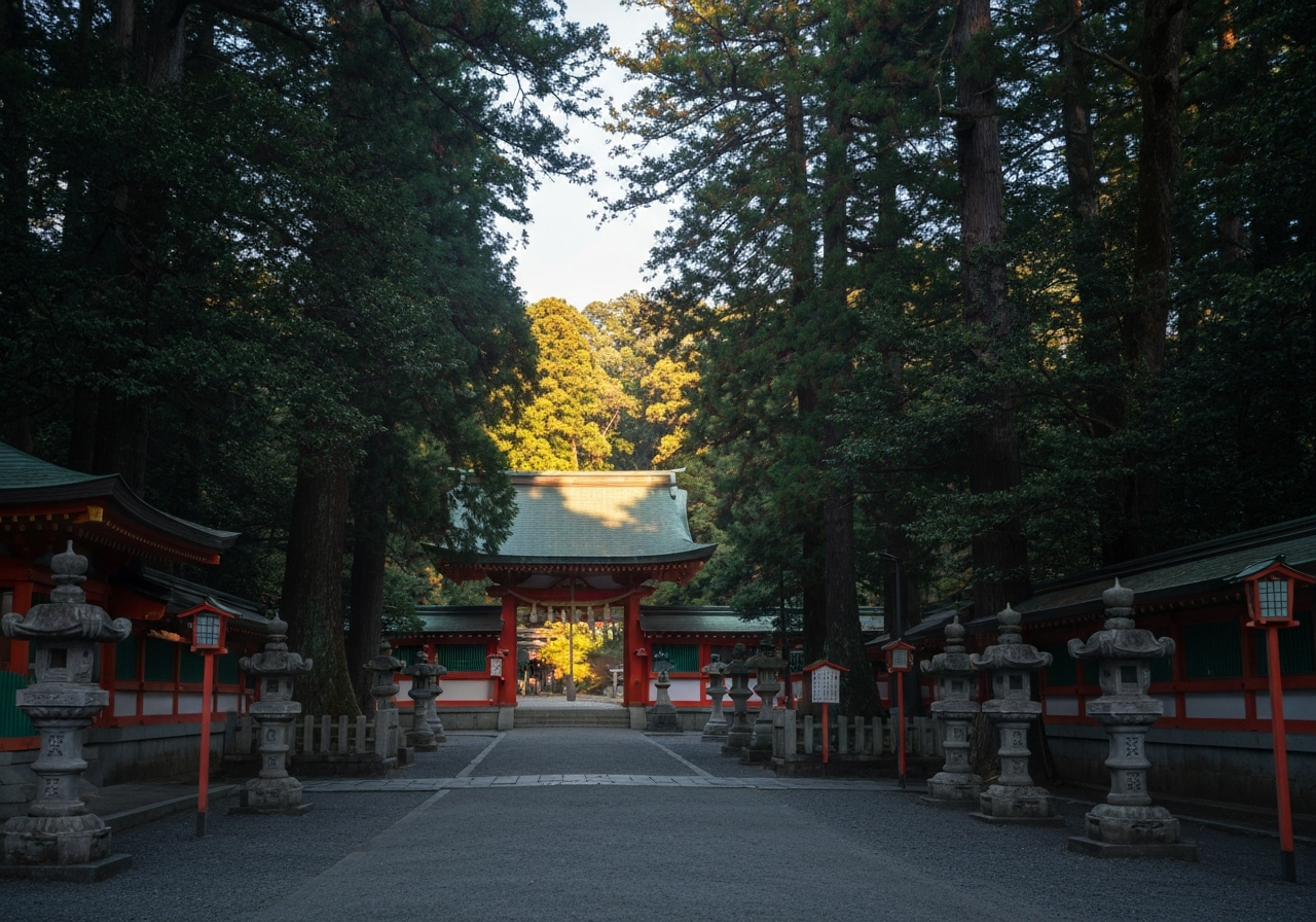 A candid, vertical smartphone shot capturing the entrance to a Japanese shrine in the early morning. The vermillion temple buildings are partially visible through dense, towering trees, with the first rays of sunlight just starting to catch the edges of the roof. The path in front is empty, with a few scattered, weathered stone lanterns. The light is soft and diffused