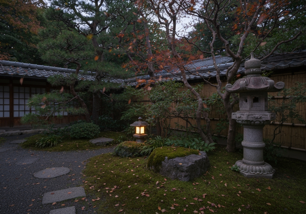 A candid, slightly tilted photo taken in the early evening light of a Japanese park. The silhouette of a five-story pagoda is visible, reflected in a puddle left from recent rain. A single wild deer is settling down on the grass nearby, its form relaxed and natural. The atmosphere is serene and unhurried. Shot on a modern smartphone