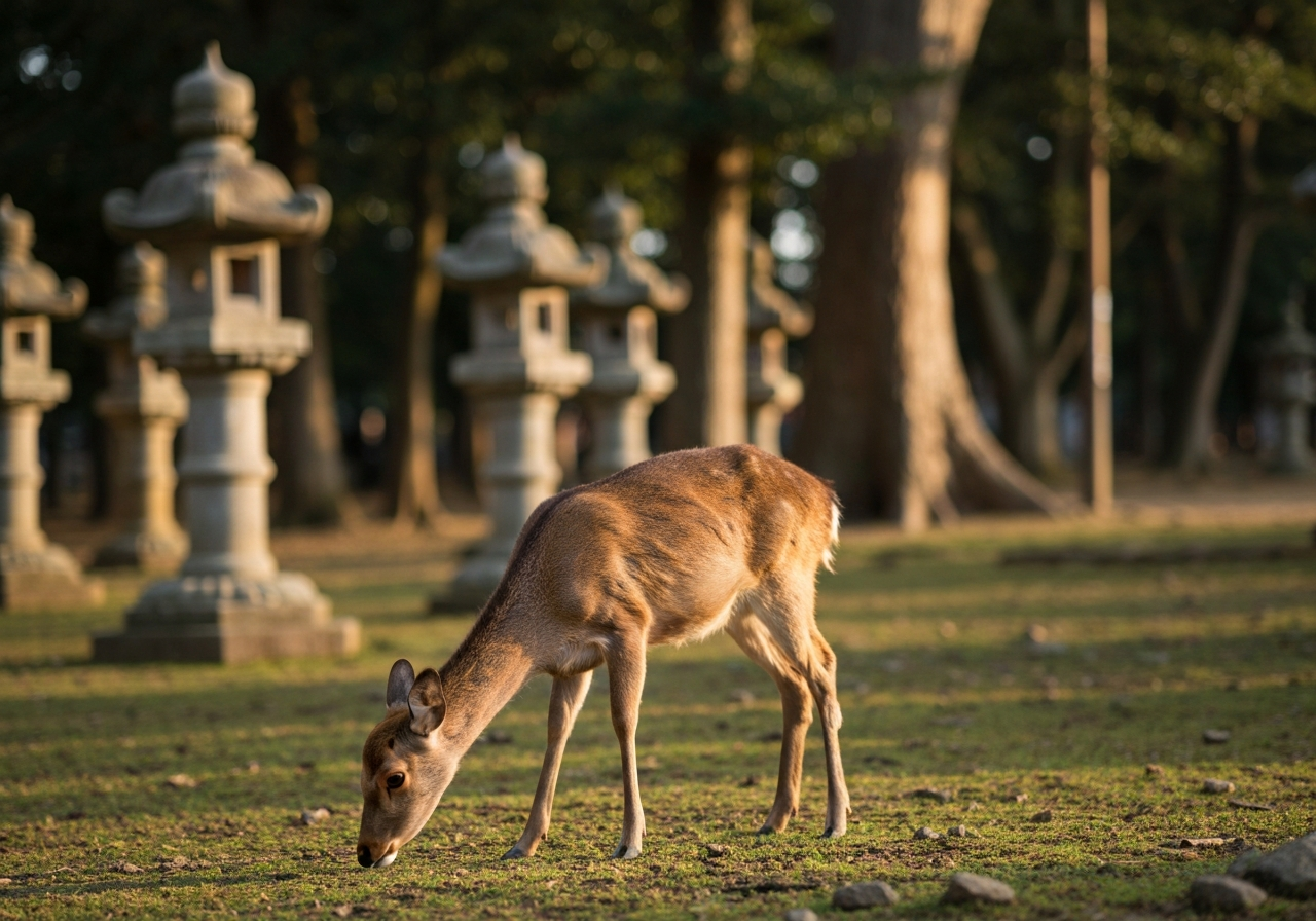 A slightly out-of-focus shot, taken with a smartphone, of a young doe cautiously nibbling grass in Nara Park, with blurred stone lanterns and ancient trees in the background. The lighting is soft, late afternoon sun