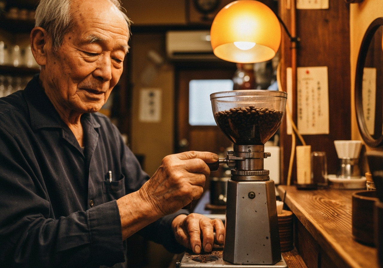 A close-up, candid smartphone photo of an elderly Japanese man's hands carefully grinding coffee beans in a small, dimly lit café. The focus is on the texture of the beans and the worn surfaces of the equipment