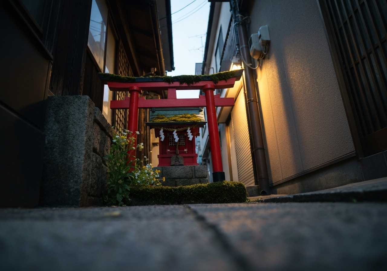 A low-angle, slightly shaky smartphone image capturing a small, moss-covered torii gate of a hidden shrine in a narrow Naramachi street. Fresh flowers are visible at the base of the gate, and the light is fading, creating a sense of quiet discovery