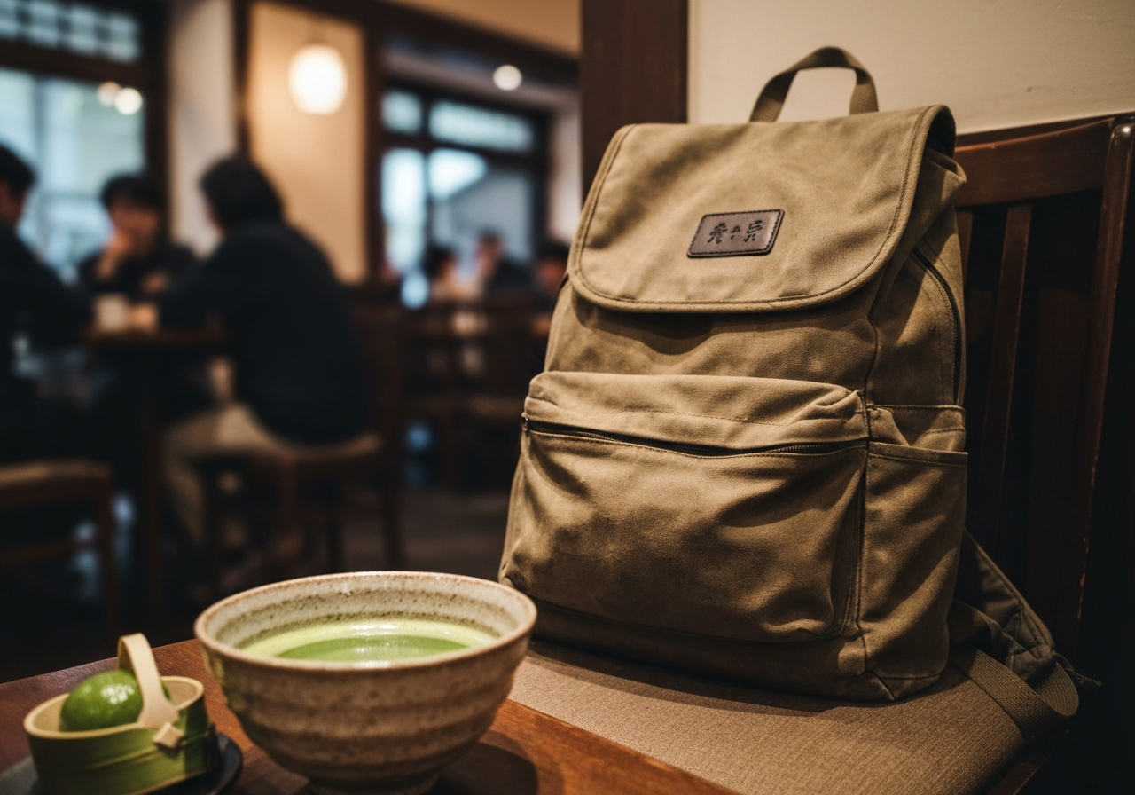 A close-up shot of a worn backpack resting on a chair in a cozy, slightly dimly lit cafe. A ceramic matcha bowl with vibrant green tea is in the foreground, with a small, bamboo-wrapped mochi beside it. The background is slightly blurred, showing glimpses of a Monday morning cafe scene with people and subtle Japanese architectural elements, captured as if with a smartphone