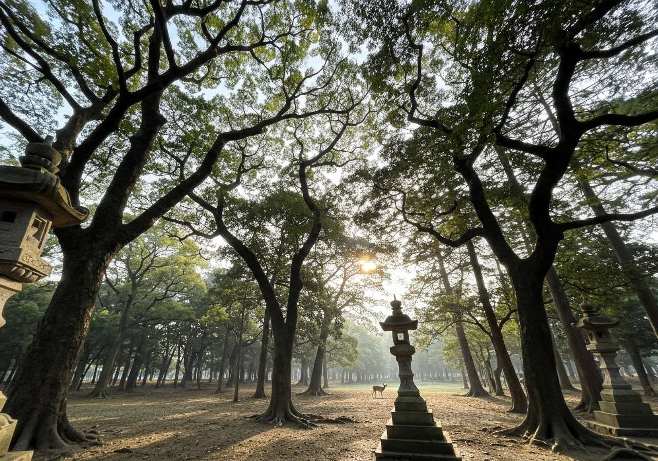 A slightly shaky, natural light photo taken from a low angle, looking up at ancient trees in a park with soft morning light filtering through. A few stone lanterns are visible, and perhaps a hint of a deer in the distance. The image should convey a sense of quietude and the beauty of early morning, feeling like a quick, unscripted phone snap