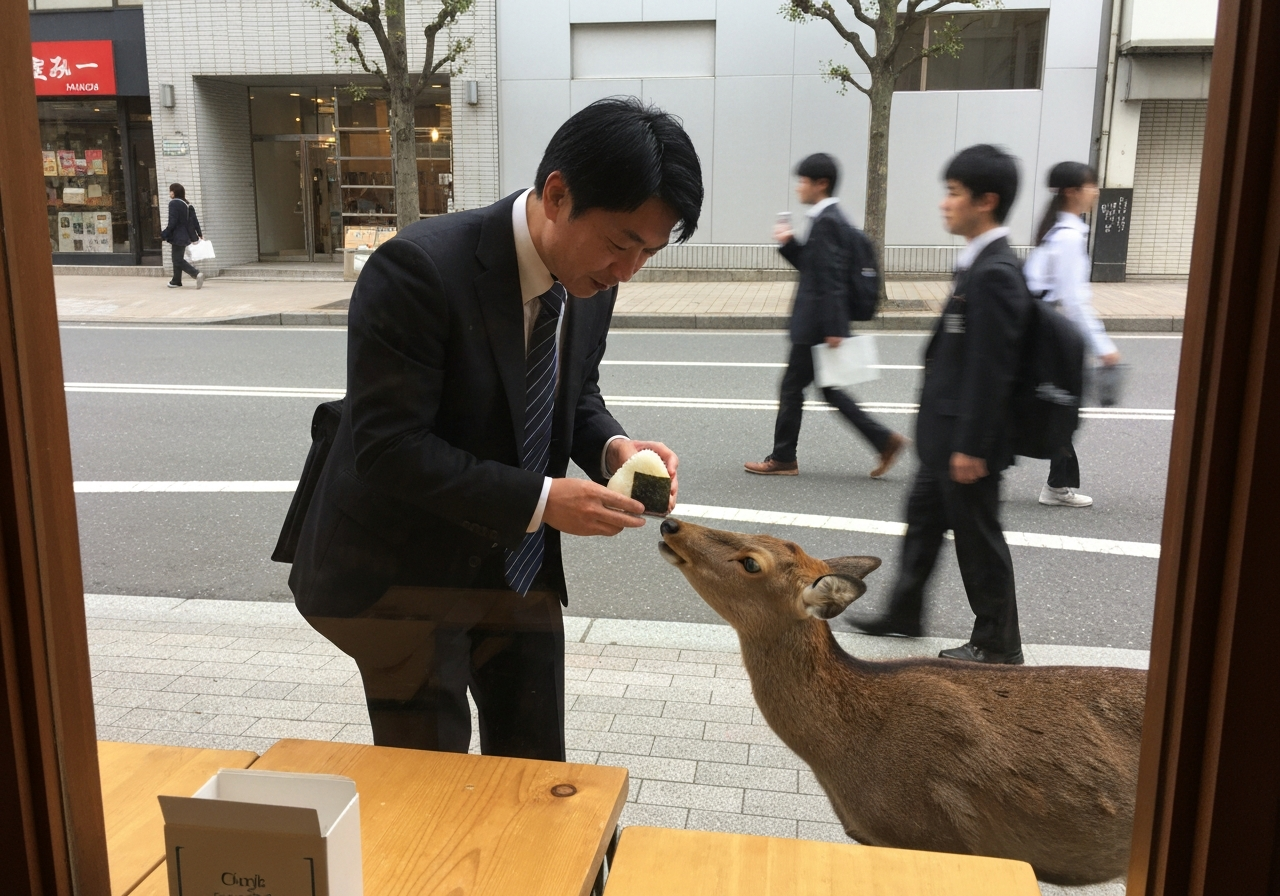 An authentic, candid shot through a cafe window on a Monday morning. Focus on a businessman in a suit sharing a piece of an onigiri with a gentle-looking deer on the sidewalk. The scene should feel natural and unposed, with the blurred motion of passing salarymen and students in the background, as if taken spontaneously with a phone camera