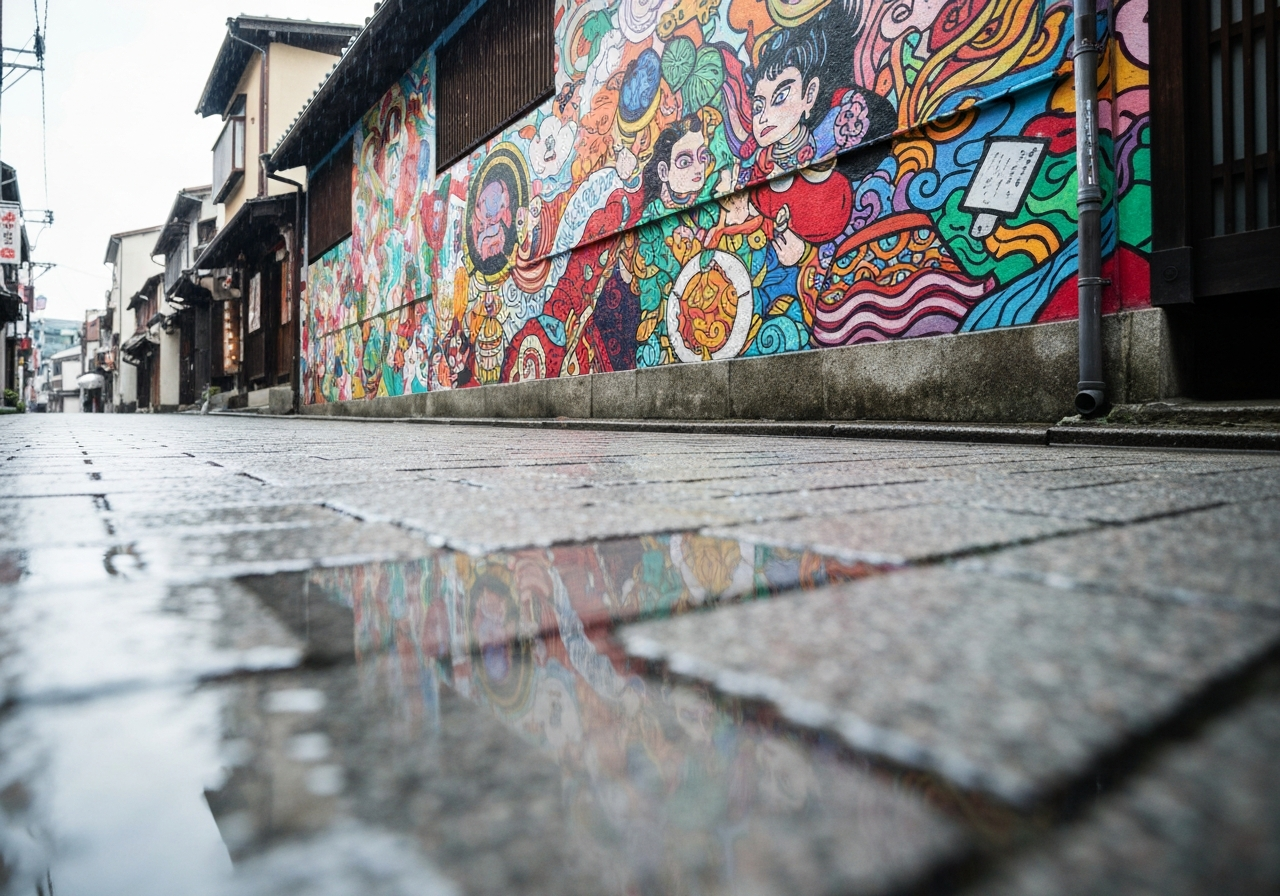 A slightly blurred, close-up shot taken from a cafe window in Kyoto, showing rain streaking down the glass. In the background, out of focus, a few figures are visible on a wet street, one sharing an umbrella. The lighting is soft and diffused, capturing a moment of quiet observation on a rainy day. Shot on a smartphone