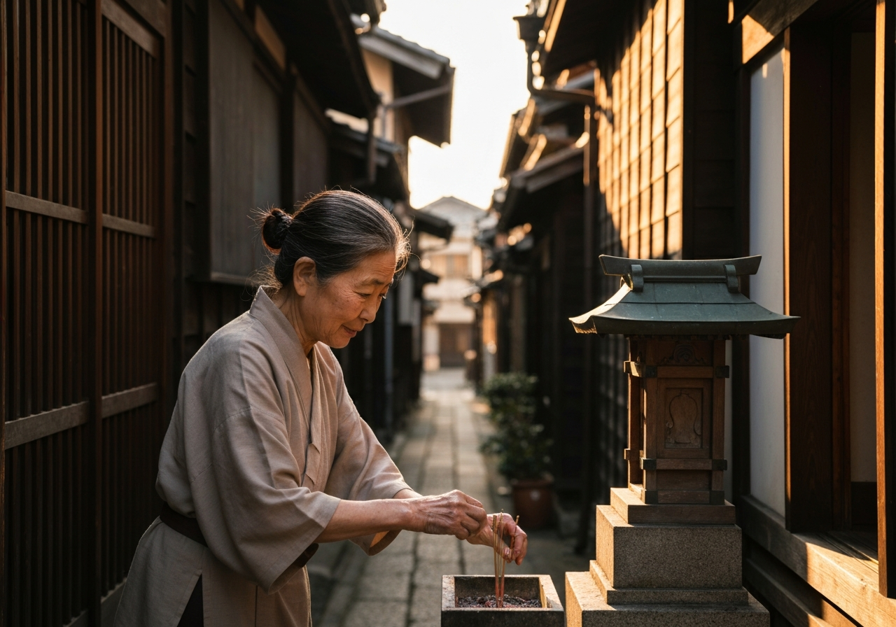 A candid, slightly off-center photo of an elderly Japanese woman tending to a small, unassuming shrine in a quiet Higashiyama alley. She's focused on her task, perhaps placing incense, with a gentle, weathered expression. The scene feels intimate and unposed, with natural light highlighting the textures of stone and wood. Shot on a smartphone