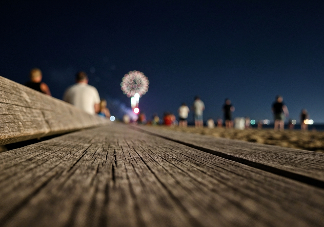 A close-up, slightly off-center smartphone shot capturing the texture of a weathered wooden bench on a beach at night. In the background, out of focus, are the indistinct shapes of people and the faint, colorful streaks of distant fireworks against a dark sky. The image should convey a sense of being present but slightly removed from the main event, with a focus on the immediate surroundings