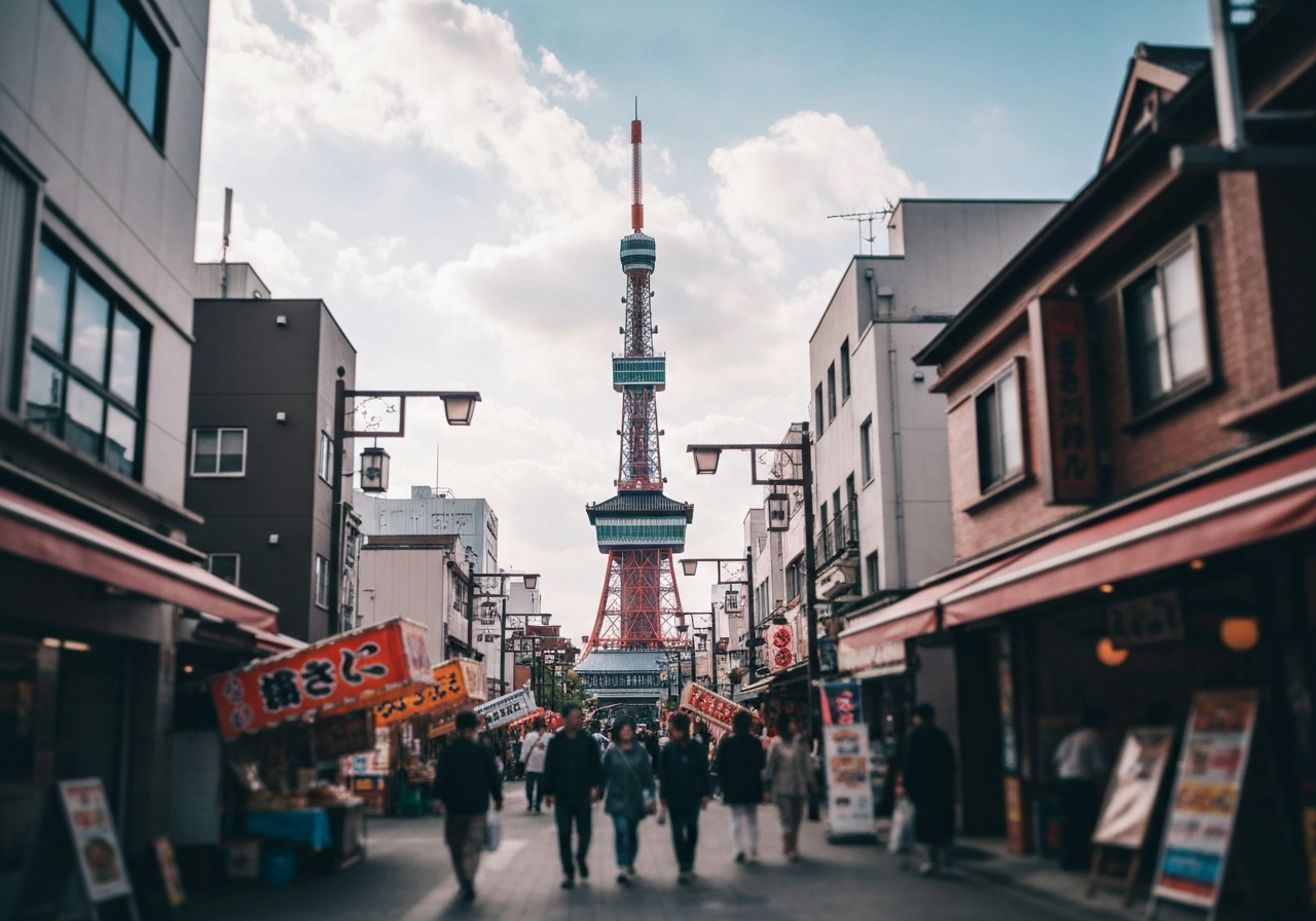 A low-angle smartphone photo looking up at the Tsutenkaku Tower in Shinsekai, Osaka, during daylight. The image should capture the tower against a cloudy sky, with some subtle imperfections like a slight lens flare or a natural vignette. The overall feel should be unposed and observational, as if the photographer just happened to look up