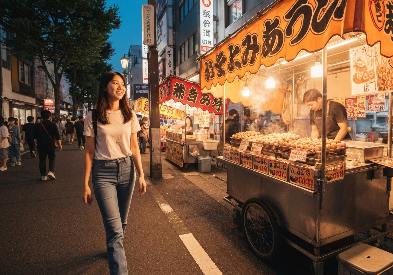 A candid, close-up smartphone shot of a steaming bowl of takoyaki from a street vendor in Osaka. The focus is on the texture of the balls, the glistening sauce, and the dancing bonito flakes. The background is a blur of movement and muted city lights, conveying a sense of authentic street food experience in the drizzle