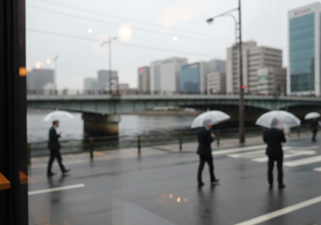 A slightly out-of-focus smartphone photo taken from inside a cafe window, showing a street scene in Osaka with office workers holding umbrellas and a blurred river flowing beneath a bridge. The lighting is overcast and muted, capturing a quiet moment during a persistent rain. Natural imperfections like reflections on the glass and a slightly tilted angle should be present
