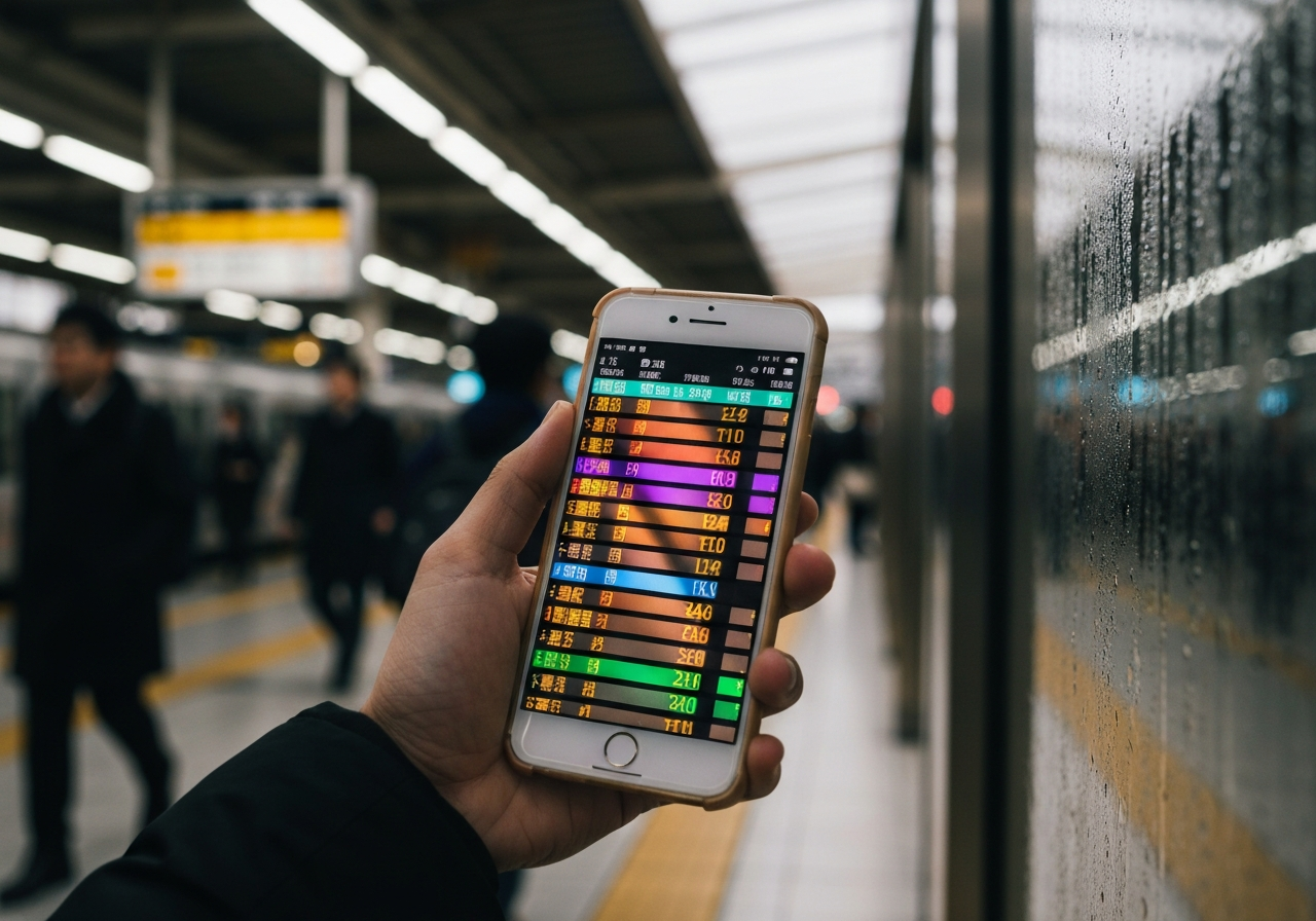 A close-up shot from a slightly low angle of a person's hands holding a smartphone displaying a train departure board, with a blurred background of a bustling cafe in Osaka. The lighting is natural and slightly overcast, with a hint of condensation on a nearby glass. The overall feel is candid and contemplative