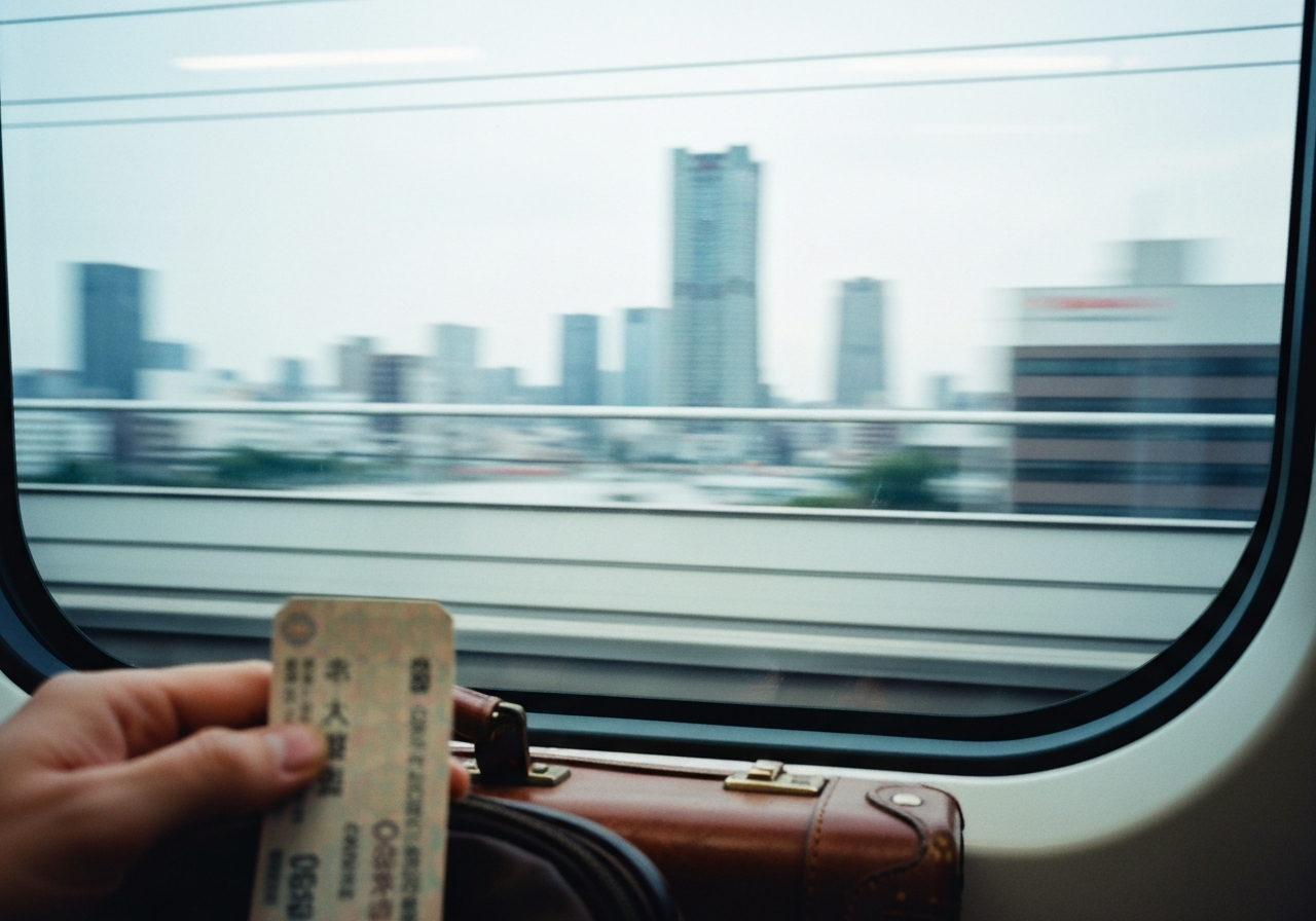 An image captured from a moving train window, showing a fleeting glimpse of the Osaka skyline blurred by motion. The foreground of the shot includes a slightly worn train ticket or a hand resting on a backpack. The colors are muted, and the overall impression is one of transition and uncertainty