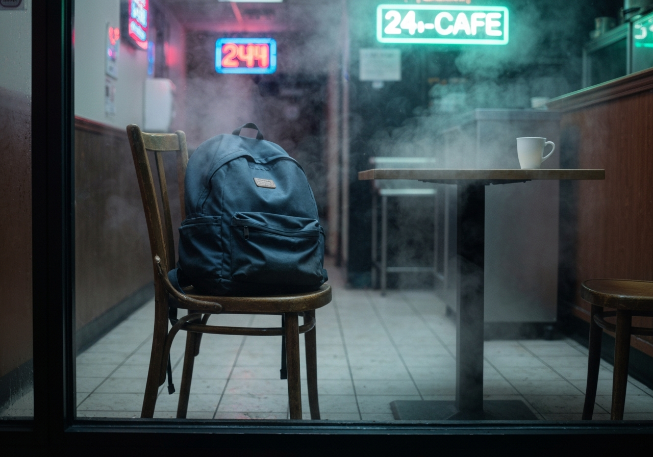 A slightly blurry, candid shot taken through a steamy cafe window at night, showing a worn backpack on an empty chair beside a table with an untouched coffee cup. The background is indistinct, suggesting the dim, utilitarian interior of a 24-hour cafe