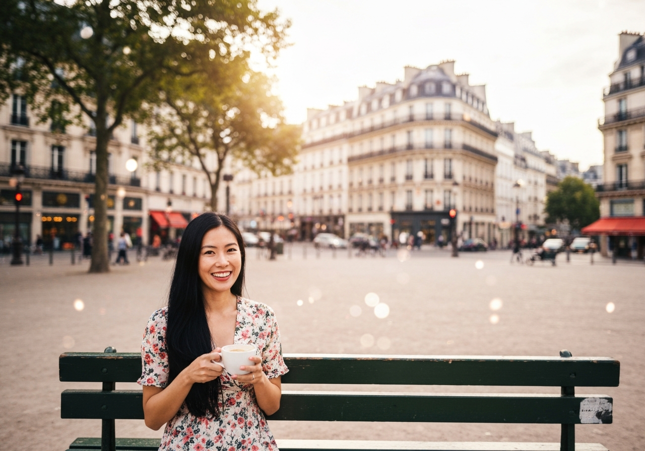 A candid moment captured from a slightly elevated perspective, showing a woman with expressive hand gestures talking animatedly on her phone at a nearby cafe table. Her wine glass is slightly tilted, and the focus is on the raw, unposed energy of the scene. The background is a typical Parisian street scene with buildings and passersby