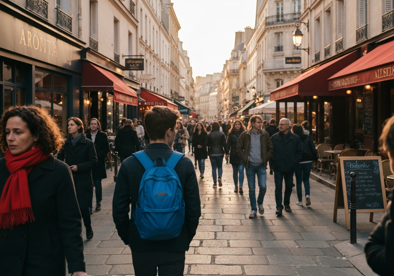 A wide-angle, slightly tilted shot of a wet cobblestone street in the Marais district of Paris. Ancient buildings with slightly leaning facades create a sense of depth. The image is taken from street level, capturing the texture of the stones and the reflections of the overcast sky, with a lone figure walking away in the distance