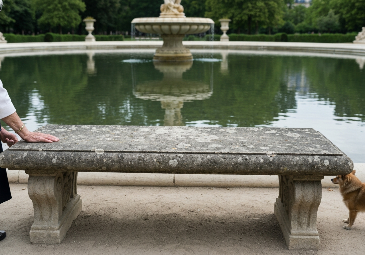 A slightly off-center, natural light photograph of a weathered stone bench in the Jardin du Luxembourg, with the Medici Fountain visible in the background. The water is perfectly still, reflecting the surrounding greenery. A small portion of an elderly woman's arm and a tiny dog's paw are visible on the edge of the frame, suggesting a shared, silent moment. The overall tone is peaceful and observational