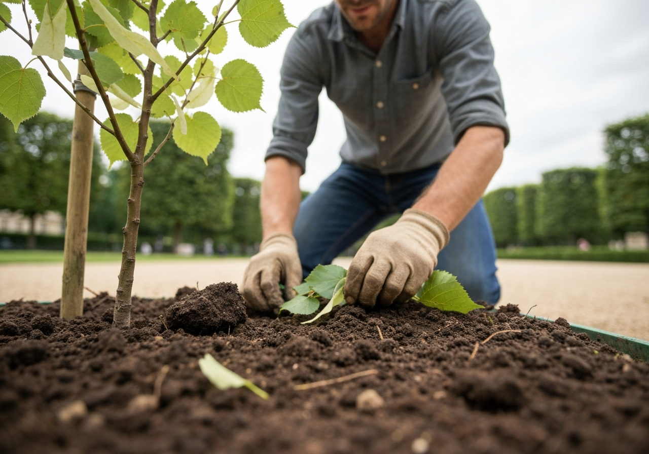 An authentic, candid shot taken from a low angle in Jardin du Luxembourg, showing a gardener meticulously tending to a young linden tree. The focus is on the gardener's hands, the leaves of the tree, and the rich soil. The background is softly blurred, hinting at the grandeur of the park without being the main subject. The image should feel natural, as if stumbled upon