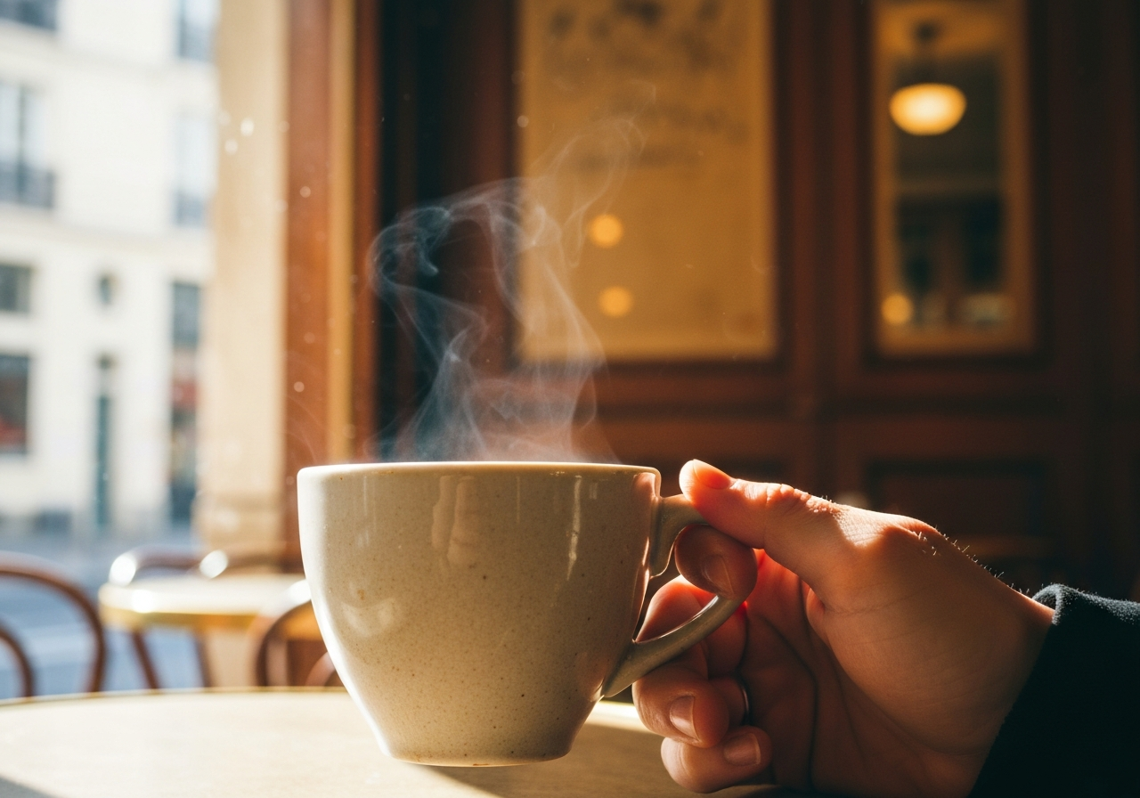 A close-up, slightly blurry smartphone photo of a hand holding a coffee cup at a Parisian café table, with the warm, slightly worn interior of the café visible in the background. Sunlight streams through the window, catching dust motes. The focus is on the texture of the ceramic cup and the steam rising, capturing a moment of quiet contemplation. No faces are clearly visible