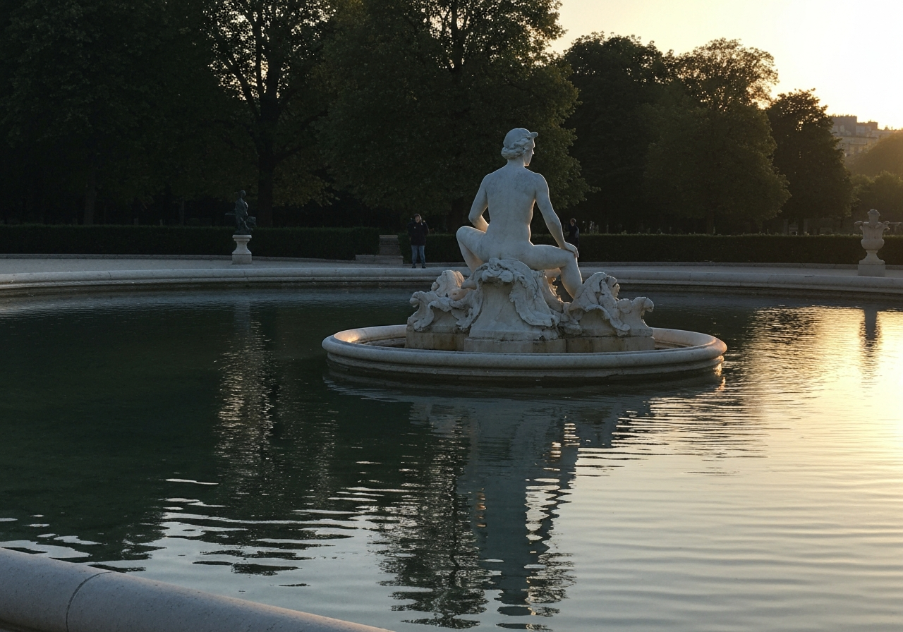 An unobstructed view of the Medici Fountain in Jardin du Luxembourg, captured from a slight distance. The water is still, reflecting the surrounding trees and sculpture in the golden hour light. A couple of indistinct figures are visible in the background, creating a sense of quiet observation. The image should have a natural, unedited look, as if taken on a phone