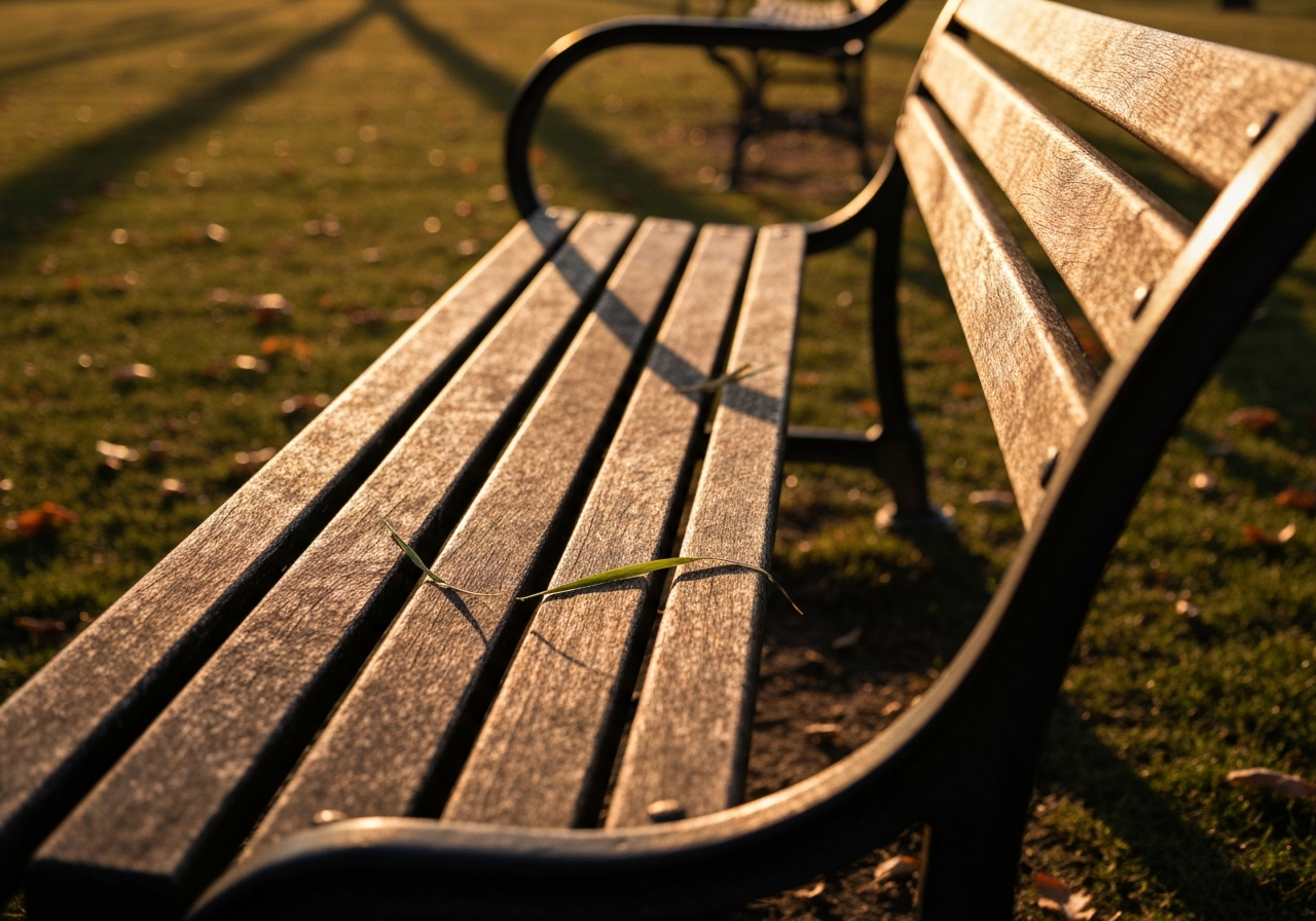 A close-up, slightly angled shot of a worn wooden park bench in Jardin du Luxembourg, with long, soft shadows stretching across the grass. The light is a warm, amber hue, suggesting late evening. A few fallen leaves or blades of grass are visible on the bench, adding to the authentic feel. Shot with a smartphone, slightly out of focus in the background