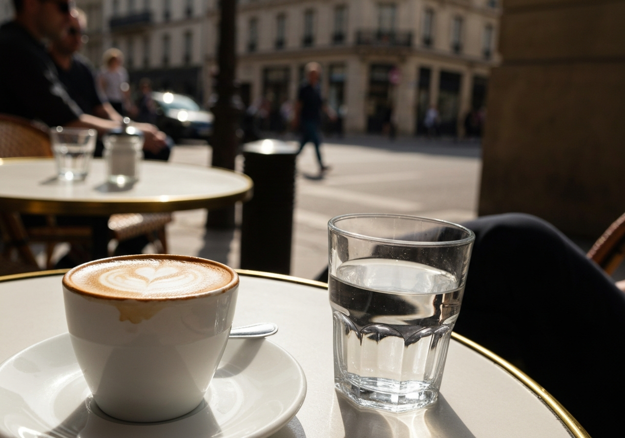 A close-up shot, taken from a slightly low angle, of a sun-drenched café table with a half-finished coffee and a glass of water. The background is slightly blurred, showing hints of people walking slowly in the shade of Parisian buildings. The lighting is warm and natural, suggesting mid-afternoon heat. Shot on a smartphone, with a slight tilt and natural depth of field