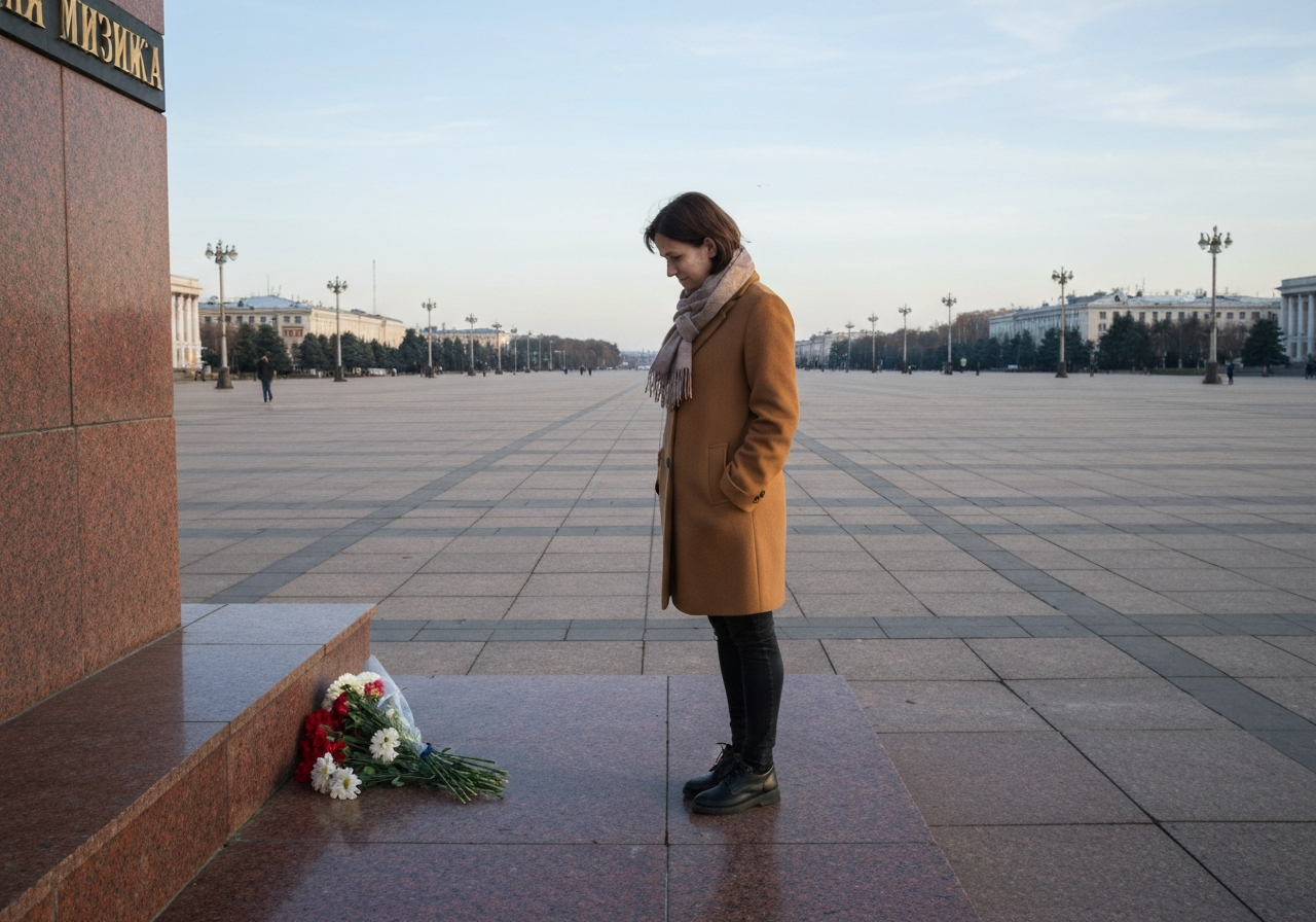 A candid, slightly off-center shot of a lone woman standing in the middle of an empty, vast public square. She is looking down at a small bouquet of flowers placed on the ground near a monument. The sky is a pale blue, and the overall atmosphere is quiet and contemplative, with a hint of the morning sun. Captured with a smartphone, as if spontaneously taken