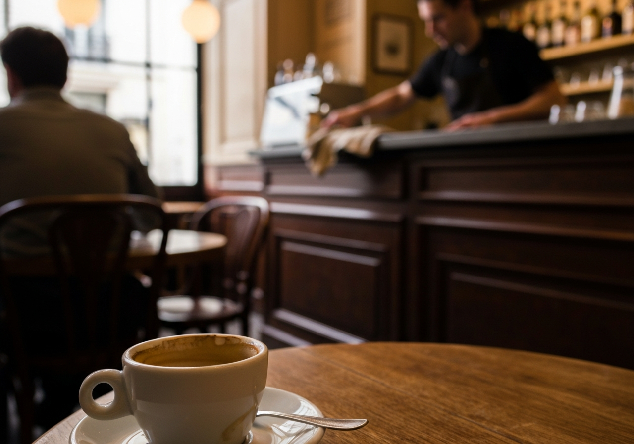 A slightly blurry, candid shot taken from a low angle inside a quiet Parisian café, focusing on a half-finished cup of coffee on a wooden table. The light is soft, coming from an unseen window, and in the background, a cafe owner can be seen wiping down a counter with a worn cloth. The overall mood is reflective and a little melancholic. Shot on a smartphone