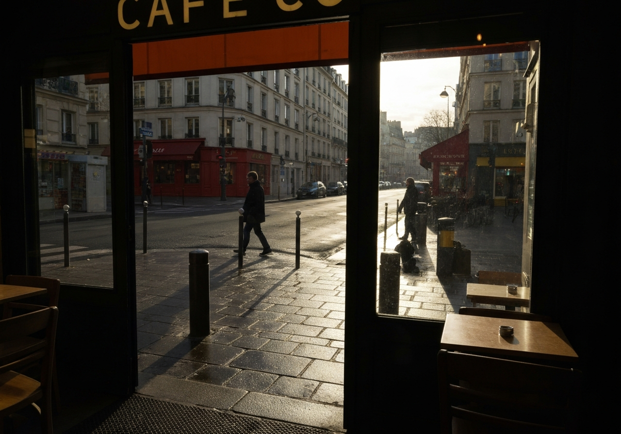 An atmospheric shot taken from inside a café doorway, looking out onto a quiet Parisian street early in the morning. The sun is just starting to cast long shadows, and the pavement is still damp. A few lone figures are visible, and the overall feeling is one of stillness before the city fully awakens. Shot on a smartphone, with a slight tilt