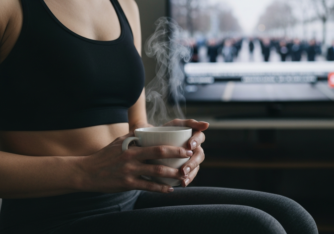 A close-up, slightly off-center photo of a woman's hands resting on a steaming cup of tea. She's wearing simple athletic wear. In the blurred background, a television screen shows a distant crowd marching, with muted colors. The image feels intimate and caught in a fleeting moment. Shot on a smartphone