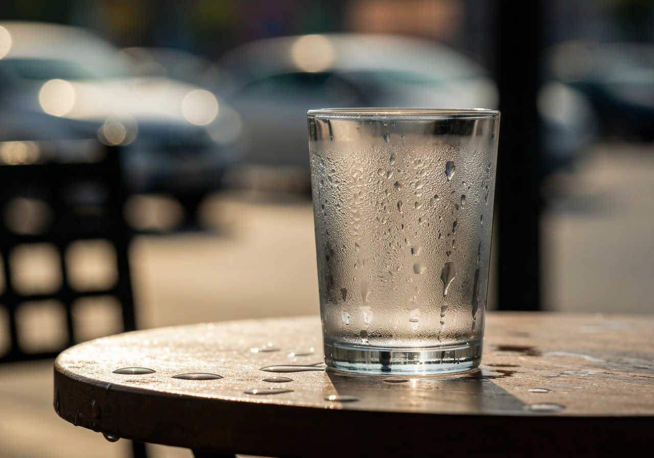 A close-up of a glass of water on a small outdoor cafe table. Condensation is beading on the outside of the glass, and a hand is reaching for it. In the background, out of focus, are blurred figures of people moving sluggishly through a hot, urban environment. The image feels candid and slightly rushed, like a quick snap