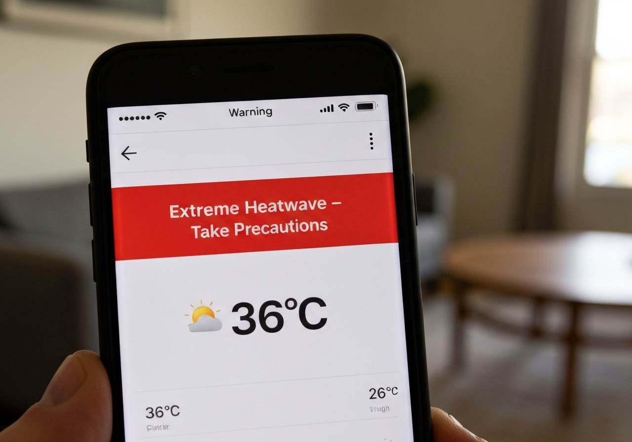 A close-up, authentic shot of a smartphone screen displaying a high temperature weather forecast (e.g., 36°C) with a heatwave warning visible. The background is slightly blurred, suggesting the phone is being held in a room. Natural, imperfect lighting