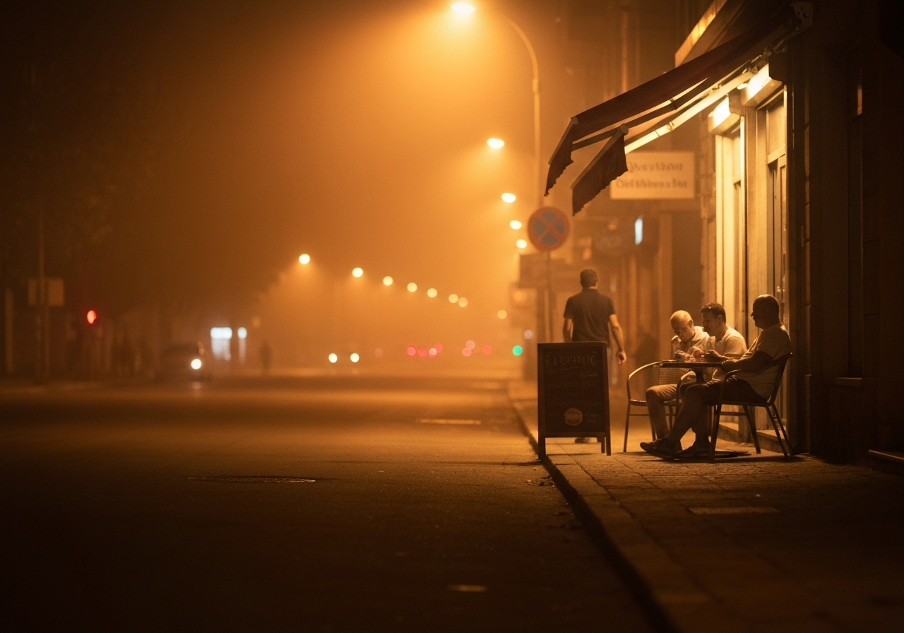 A street scene at night, but the heat is still palpable. Streetlights cast a warm, diffused glow. A few people are sitting outside a cafe, their movements slow and deliberate. The overall mood is one of oppressive but quiet endurance. The photo should look like it was taken with a smartphone, with a slight grain and imperfect focus