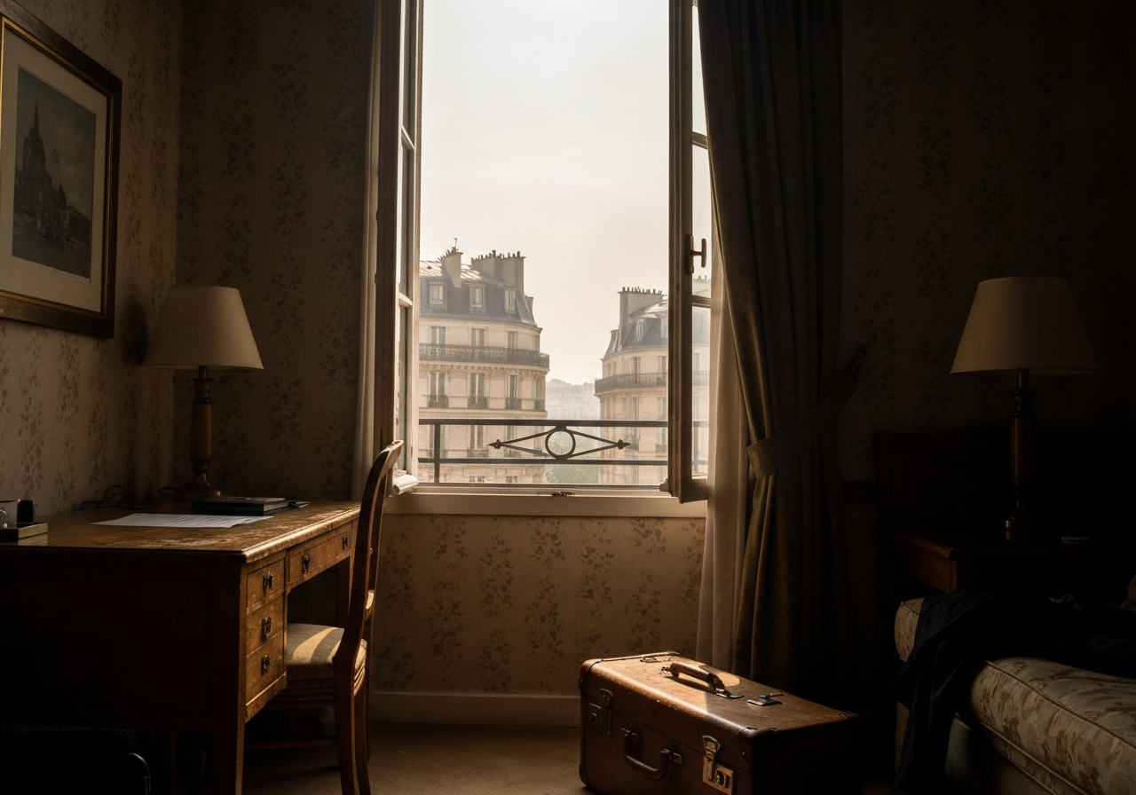 A candid, slightly shaky shot from inside a dimly lit hotel room, looking out through a gap in drawn curtains. The intense, hazy sunlight of a very hot day is visible outside, with the tops of Parisian buildings slightly distorted by the heat haze