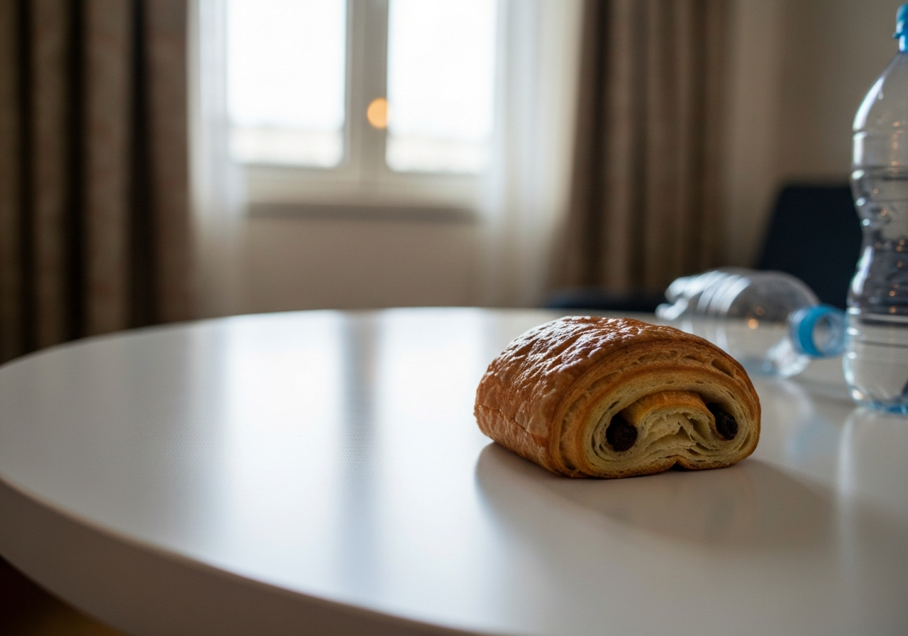 A close-up, slightly tilted smartphone photo of a half-eaten pain au chocolat on a simple white hotel room table, with a slightly blurred background showing drawn hotel curtains and a faint glow from outside. A half-empty plastic water bottle is also visible