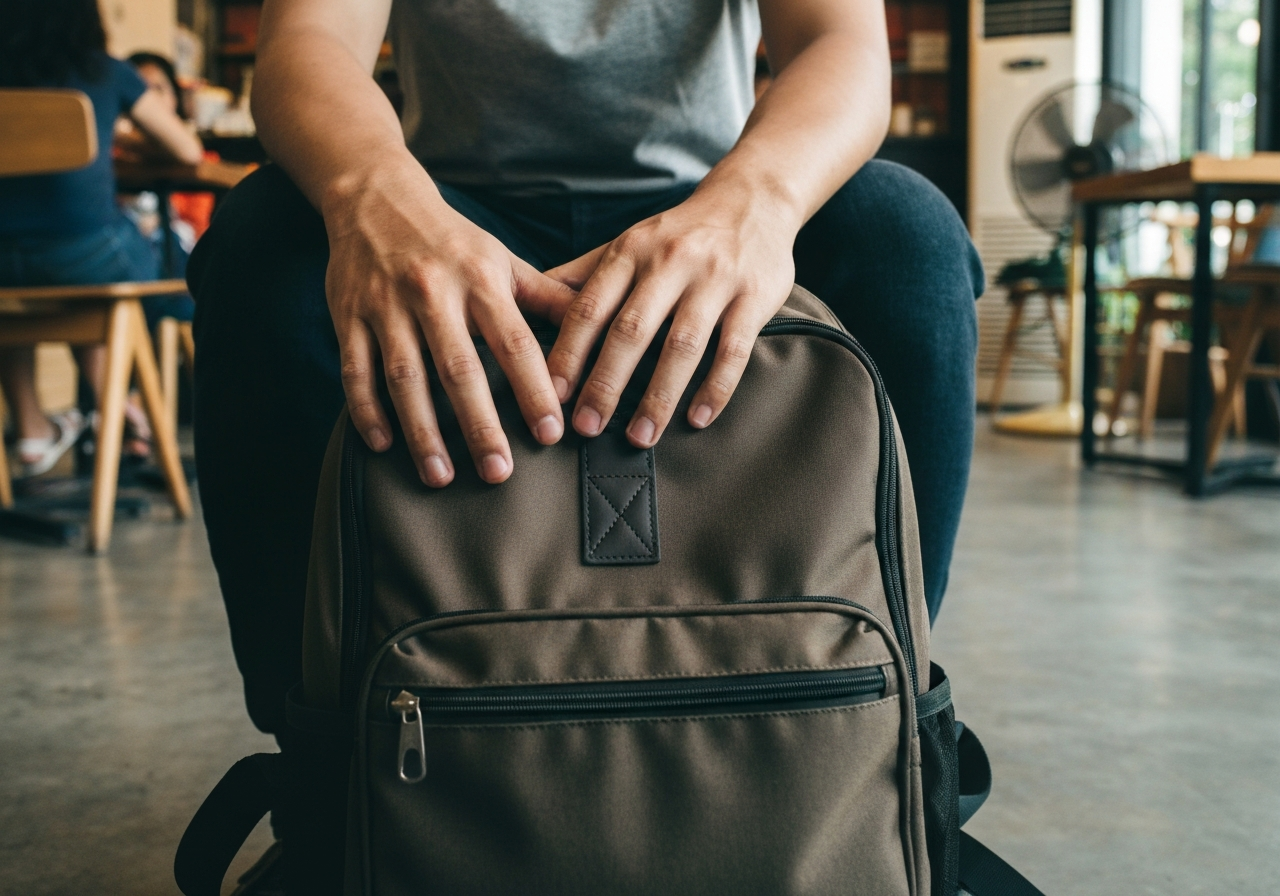 A low-angle, natural light smartphone photo of a person's hands resting on a travel backpack placed on the floor of a café. The hands are relaxed, not actively holding anything. The background is a soft blur of café furniture and patrons, with a hint of a fan or air conditioning unit. The overall mood is one of stillness and observation