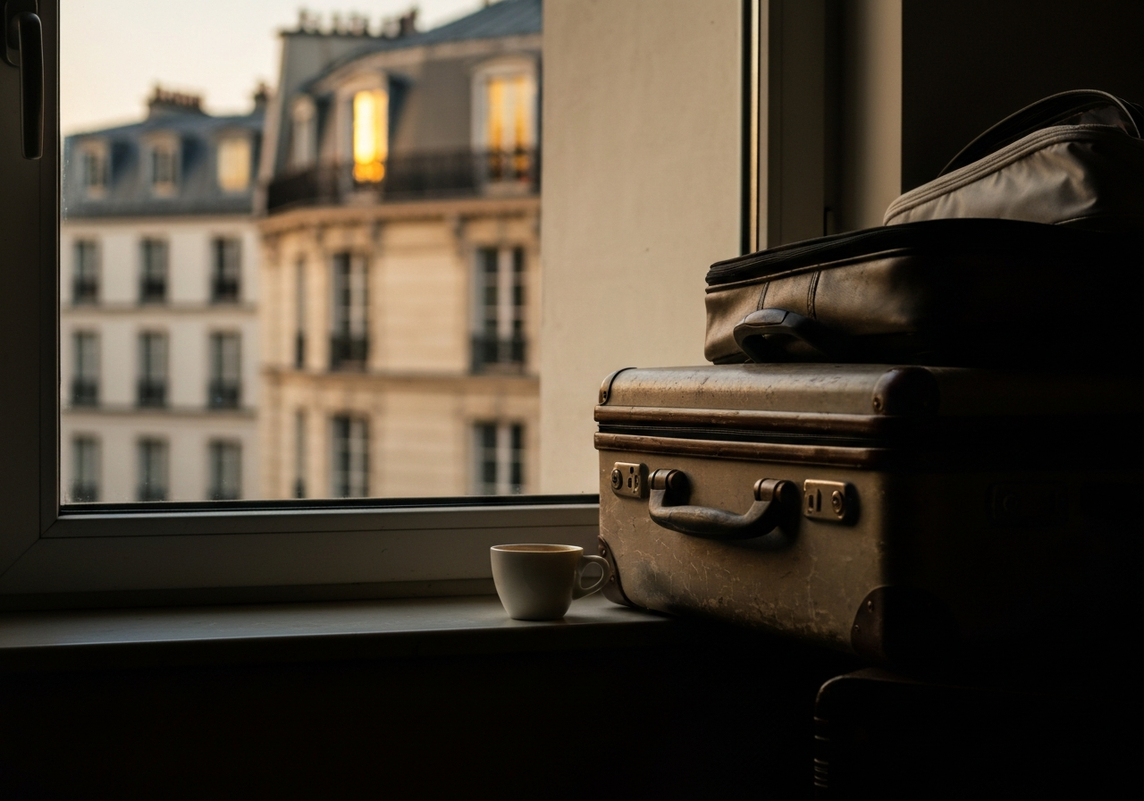 A close-up shot through a slightly smudged hotel window, capturing the early morning Parisian light illuminating the worn details of a packed suitcase and a half-empty coffee cup on a windowsill. The view outside is slightly blurred, showing the soft gold glow on distant building facades. Shot with a smartphone, natural light, slight lens flare