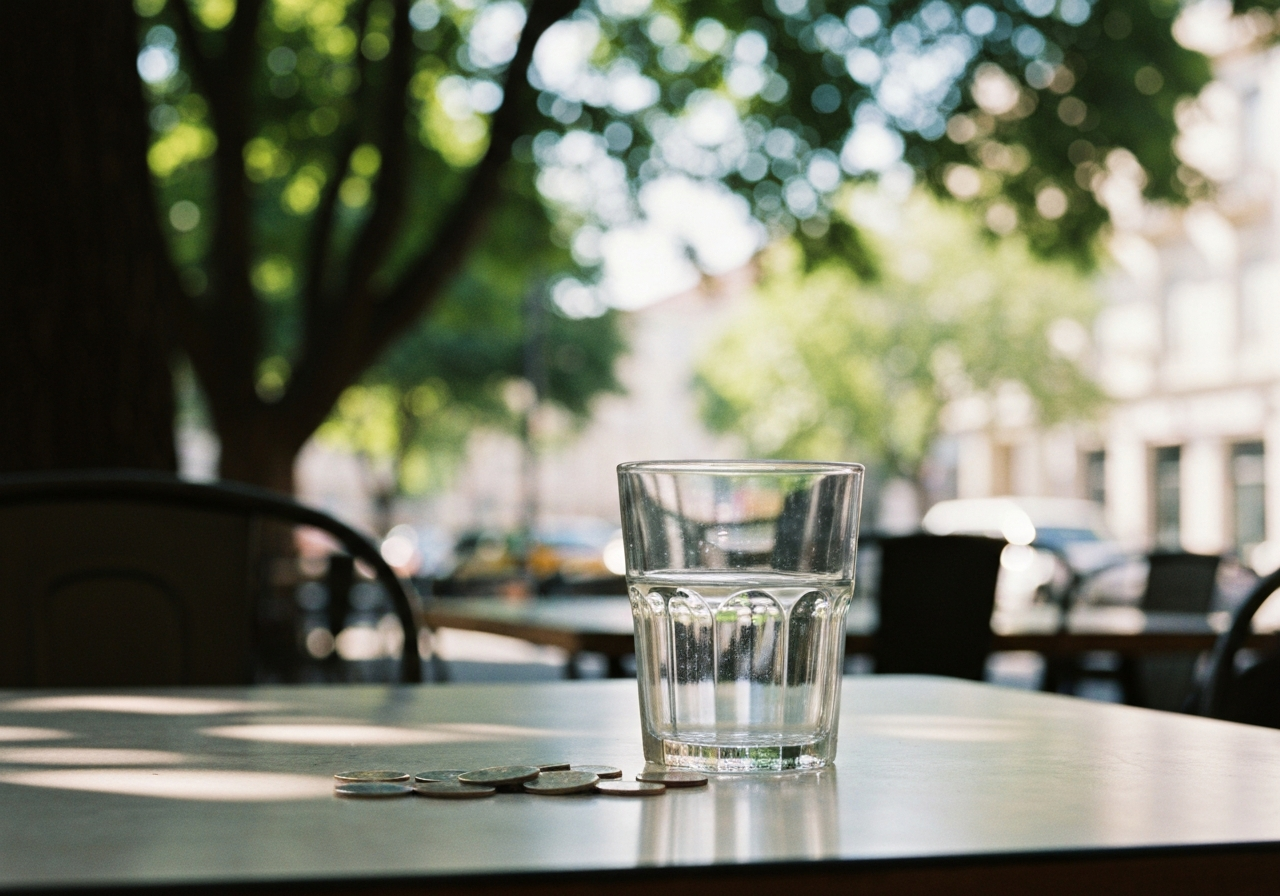 An unposed shot of a simple café table with a half-finished glass of water and a scattering of loose change. The background is softly out of focus, showing dappled sunlight through tree leaves and a hint of a street scene. The image has a slightly grainy, natural feel, as if taken quickly on a smartphone during a moment of quiet contemplation