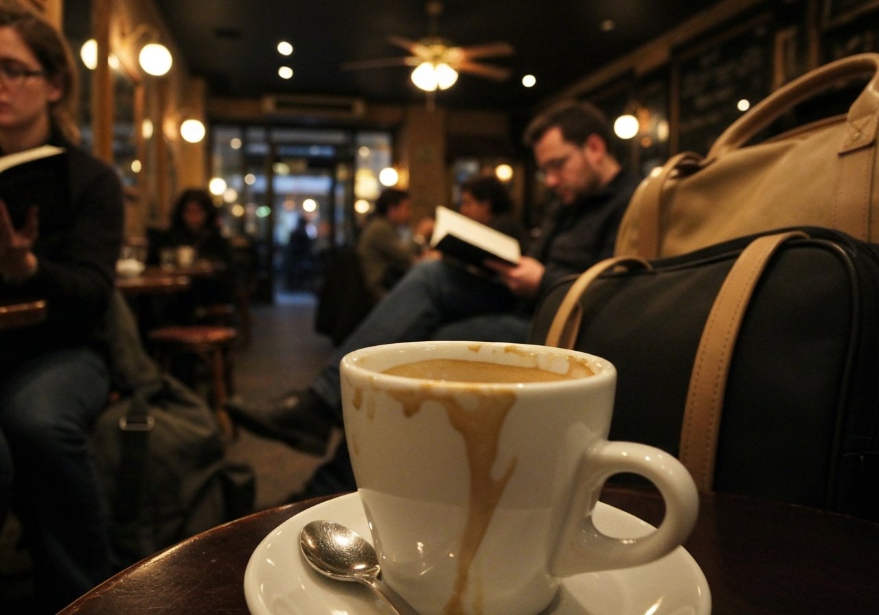 A close-up, slightly shaky smartphone photo taken at eye-level inside a dimly lit Parisian café. The foreground shows a half-empty, cold cup of coffee and a few travel bags. In the blurred background, patrons are visible, one engrossed in a book, and a ceiling fan is faintly visible. The lighting is warm but muted, with dust motes catching the light