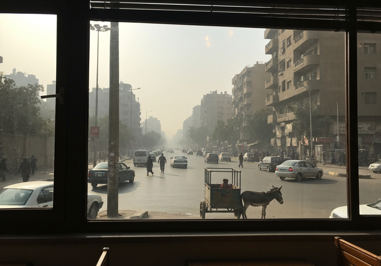 A street scene in Zamalek, Cairo, captured from inside a café window. The view shows a hazy morning light illuminating a street with a mix of cars, a donkey cart, and pedestrians. The glass of the window might have a slight smudge or reflection, adding to the authentic, unposed feel. The focus is on the everyday activity, not a postcard-perfect view
