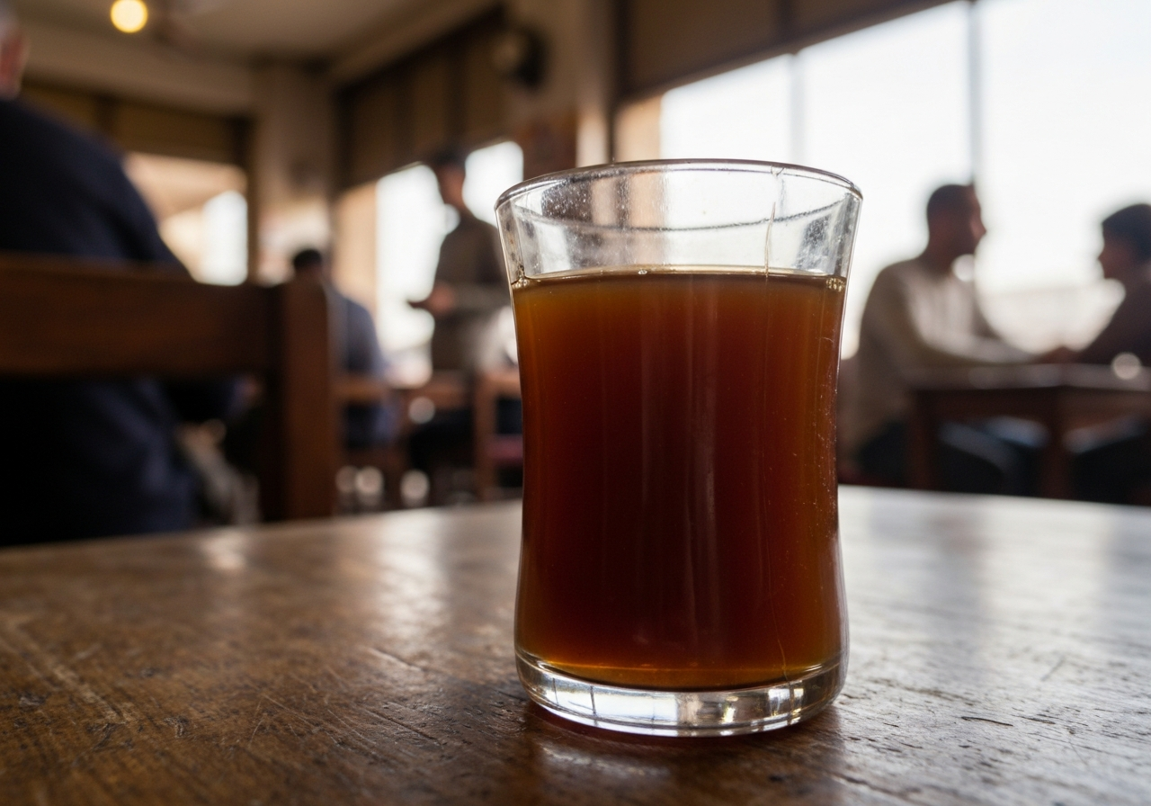 A close-up shot from a slightly low angle, focusing on a small, chipped glass cup filled with thick, dark tea, placed on a worn wooden table in a bustling Cairo café. The background is softly blurred, showing hints of people talking and morning light filtering through a window. The image should feel candid, like a quick snap taken with a smartphone, with a slight lens flare or imperfect focus
