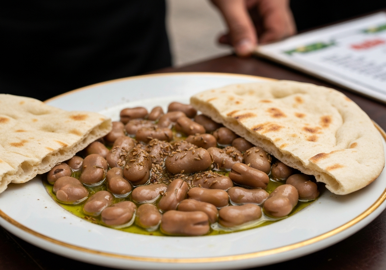 A candid shot of a plate of fava beans (ful medames) with fresh flatbread, served in a simple café setting. The food looks slightly messy, with olive oil glistening and a sprinkle of cumin. The focus is on the texture and colors of the food, with a hint of the café owner's hand or a corner of a menu visible in the background, conveying a genuine meal experience